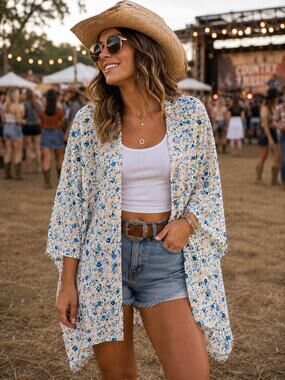 Floral Lightweight Open Front Kimono Cardigan One Size Blue Cream Boho Layer